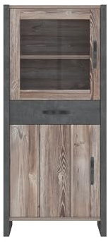 möbelando Stauraumvitrine >Note< in Betonoptik Dunkelgrau/Picea Kiefer bietet auf B 67,7 x H 154,2 x T 43,1 cm 1 Glastür, 1 Tür, 1 Schublade und 4 Fächer. Ideal für stilvolle Präsentationen.