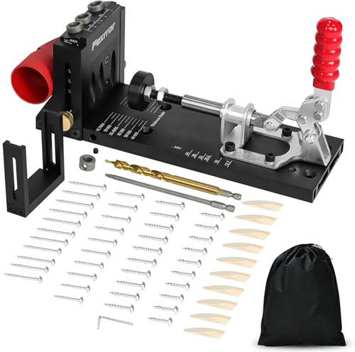 Fexrror Pocket Hole Jig Kit, Professional Aluminum Alloy Pocket Screw with Removable Column Jig, HSS Drill Bit & Depth Setting Collar, 15° Angle Hole, 50PCS Pocket Hole Accessories with Storage Bag