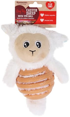 Rosewood Osterschaf Hundespielzeug mit TPR-Ball - Plüschtier für Hunde & Welpen mit strapazierfähigem Gummibauch und verstecktem Quietscher, Osterspielzeug für kleine, mittelgroße und große Hunde,