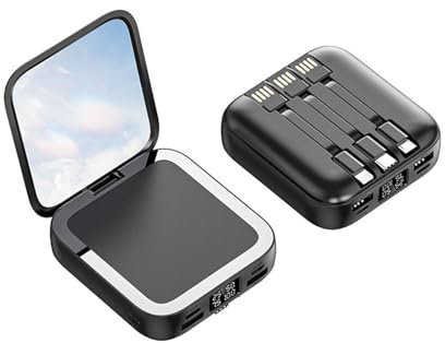KhUkhu Power Bank with Built in Cables And Makeup Mirror, 10000Mah Portable Charger, 3 Output 2 Input External Battery Pack, Mini Power Bank,Black