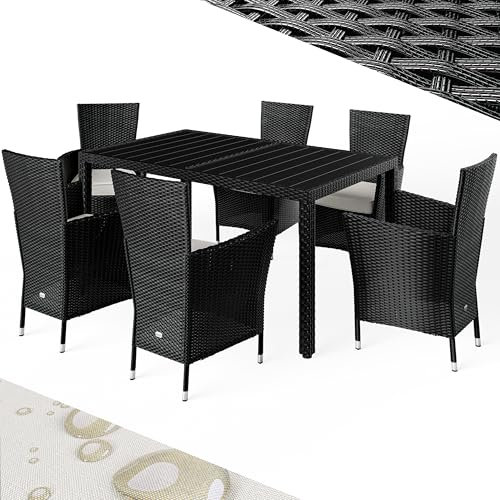 CASARIA® 6+1 Polyrattan Outdoor Dining Furniture Set | 6 Stackable Armchairs with Cushions | 150x90cm Dining Table with WPC Top | Weatherproof Outdoor Patio Seating Group | Black