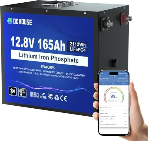 DCHOUSE 12V 100Ah LiFePO4 Batería de litio con Bluetooth y cargador de 10A, hasta 15000 ciclos, 1280Wh, 100A BMS,para motores de arrastre, autocaravanas, sistemas solares, camping