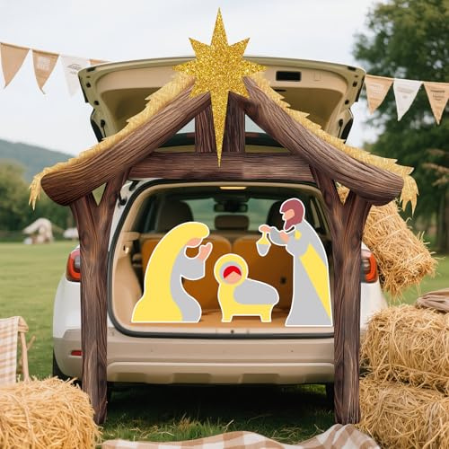 Yuxung Kit de luxe pour crèche de Noël d'Halloween, accessoires de voiture avec crèche de Noël en papier de 1,5 m, 1 écurie en carton, un pendentif étoile dorée et 3 figurines de Jésus Kt Board