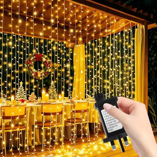 Focxoio Curtain Fairy Lights 300 LED 3m x 3m, 8 Modes Christmas Lights with Timer & Memory Function, Connectable Hanging Wall Fairy Light Plug in Waterproof for Gazebo Window Pergola Indoor Outdoor