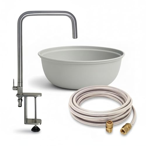 LIVLIG Outdoorküchen Set, Hochwertiger Edelstahl Wasserhahn, Trinkwasserschlauch & Waschschüssel Metall, Mobiles Waschbecken für Garten, Camping & Outdoor Küche in Greige