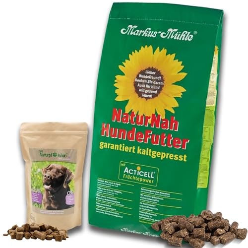 Markus-Mühle NaturNah Hundefutter, Kaltgepresst mit Hühnertrockenfleisch, Vollkornmais und Wild, 15 kg (15kg Markus Mühle Naturnah, + 800g Naturpfötchen Freilandgans Trockenfutter)