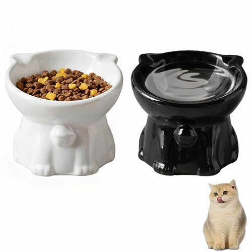 Luxvara 2 Pièces Gamelle Surélevée en Ceramique pour Chat, Anti-vomissements, Gamell d'alimentation pour Chat Inclinable à 15°, Bol de Nourriture pour Chats et Chiots Nourriture & Eau (Blanc, Noir)