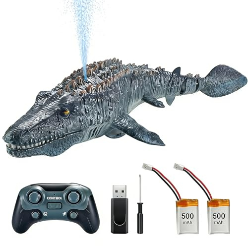 OBEST 2.4GHz Remote Control Mosasaurus Boats,RC Mosasaurus Toys Water Spray Pool and Lake Toy,RC Electric Shark Dinosaur Toy,Grey