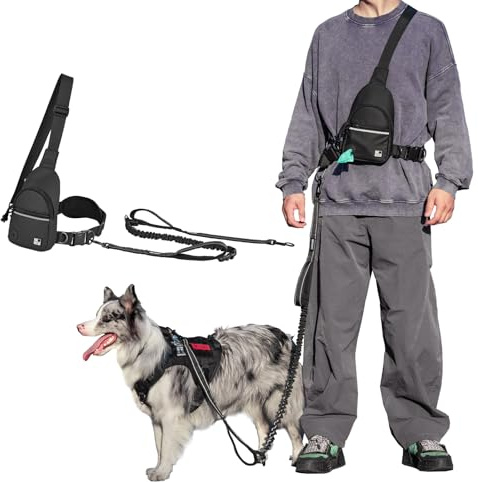 OneTigris Guinzaglio da jogging per cani, guinzaglio per cani con cintura addominale con bordo imbottito, tasca sul petto, anti-stress, doppia maniglia, guinzaglio da jogging riflettente 3 in 1 adatto