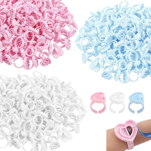 400Pcs Lash Glue Rings for Eyelash Extensions, Adjustable Lash Glue & Fanning Holder Cups, Reusable Rings for Volume Lashes and Professional Salon Use (Pink White Blue)