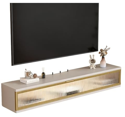 Easnuroz Floating TV Unit Wooden Wall-mounted WiFi TV Cabinet Set-top Box Shelf Media Entertainment Center Wall Tv Unit For Living Room Bedroom(Beige,140 * 20 * 23cm)