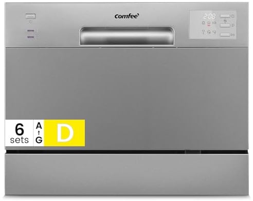 COMFEE' CDWMT0602ESD-EU Lave-vaisselle Compact, 6 Couverts, 6 Programmes | Écran LED, Démarrage Différé, Cycle H-TEMP 70°C, 47 dB, Ouverture Auto, Installation Facile, Argenté
