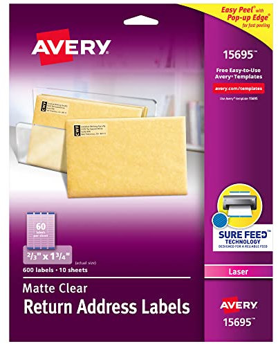Avery Clear Easy Peel Return Address Labels for Laser Printers 2/3 x 1-3/4, Pack of 600 (15695)