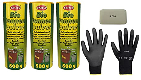 6x500g Biotonnenpulver Mülleimer-Pulver + 1 Stück Kernseife 150g + 1 Paar Wiederverwendbare Schutzhandschuhe, Vorbeugen gegen Maden Abfalltonne