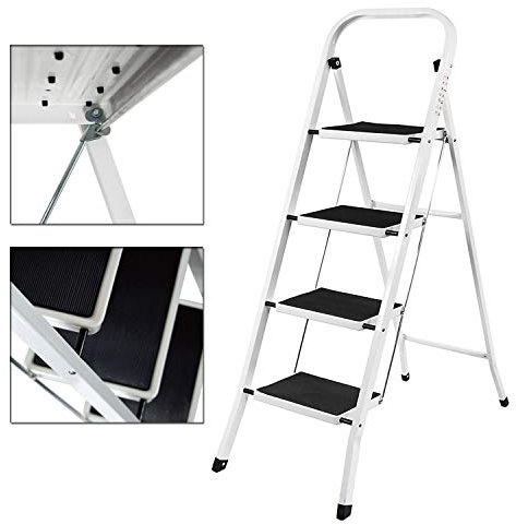 Scaletta a 4 gradini – Piedini antiscivolo – Acciaio resistente – Design pieghevole, scala facile da riporre – Ideale per casa/cucina/garage – Capacità massima: 150 kg