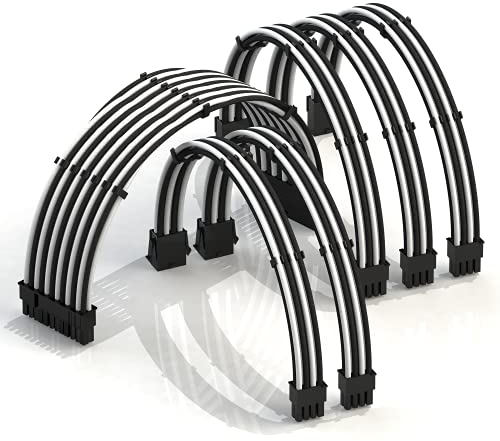 LINKUP - AVA 30cm PSU Cable Extension Sleeved Custom Mod GPU PC Braided w/Comb Kit - Compatible with RTX3090 | 1 x 24 P (20+4) | 2 x 8 P (4+4) CPU | 3 x 8 P (6+2) GPU set | 300mm - WhiteBlack