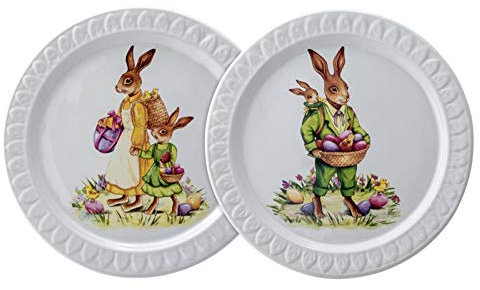 H.Bauer jun. Teller Set 2-teilig Keramik Ø 23,5 cm - Oster Teller weiß-farbig mit Hasen Motiv, glatt & dekorativ - Hasen Teller für Frühling, Kaffeetafel, Brunch & Geschenkidee