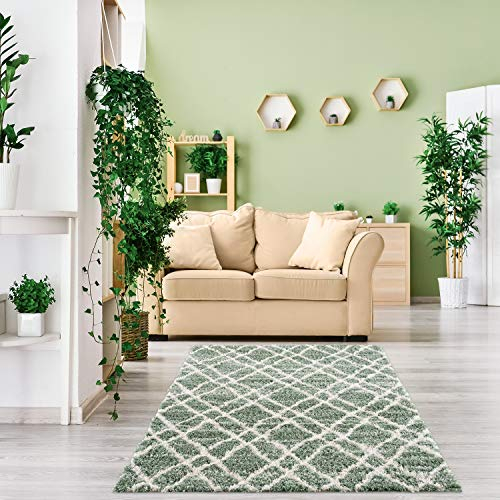 payé Teppich-Läufer fürs Flur - Hochflor Shaggy Weich - 80x300cm - Creme Grün Kariert - Modern Ethno Look - Oeko Tex 100 Standard