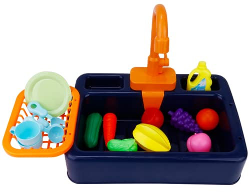 Toy Kitchen Play Sink with Running Water, Kitchen Toys for Kids, Electric Wash Up Water Play Toys, Fruits Vegetables Washing Pretend Role Play Toys Kitchenware Toys Set for Boys Girls Aged 3+ (Oragne)