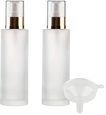 ZEOABSY Pack of 2, Empty 100ml Frosted Transparent Glass Fine Mist Spray Bottles, 100 ml Refillable Travel Perfume Sprayers, Ideal for Travel Cosmetic Household Cleaning + 1 x Funnel