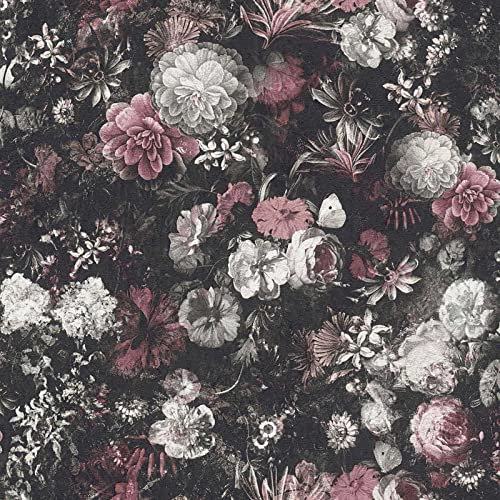 Papier peint fleuri rose & gris pour couloir | Tapisserie à motif floral rose noire & blanche | Papier peint intissé végétal