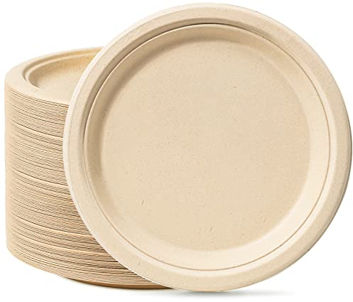 GREENESAGE Rigid 10 inch 100 Pack Disposable Paper Brown Plates Sugarcane Large Strong Dishes for Picnic Wedding Party BBQ