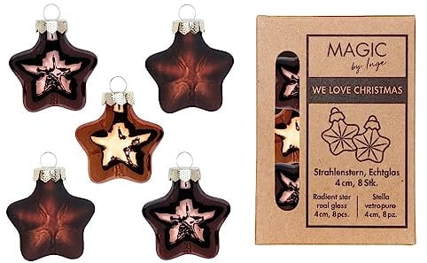 Christbaumschmuck Sterne Glas 4cm x 8 Stück in Kartonbox Weihnachtskugeln Set braun Cognac Diamond