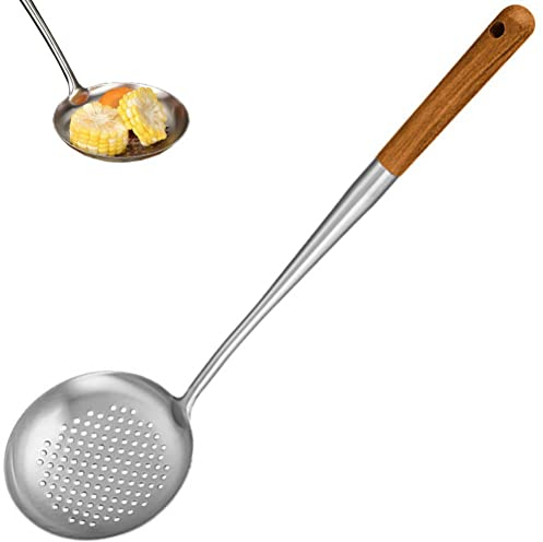 vepoty Cuchara para Espumadera de Cocina, Cuchara ranurada de Acero Inoxidable con Mango de Madera, Cuchara coladora Duradera para escurrir y freír