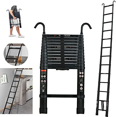 Telescopic Ladder 12FT Aluminum Extension Ladder with Ladder Roof Hooks (2.8), Collapsible Ladder, Telescopic Extendable Ladders for Home, Detachable Hooks for Rv Ladder, 330 Pound Capacity, EN131