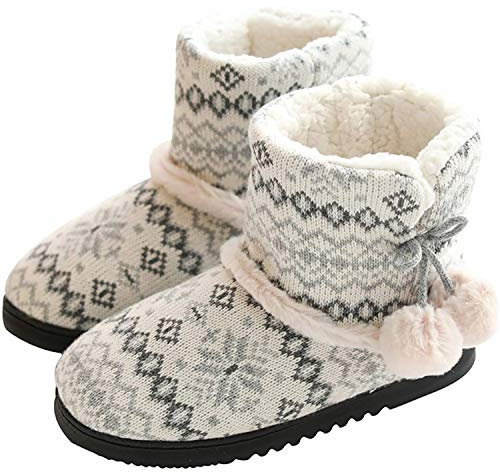 DimaiGlobal Mujer Zapatillas de casa Cálidode con Bordes del Tejido de Punto y Pompons Interior y Exterior Lana al Forro de Felpa Suela Antideslizante Zapatos Invierno Pantuflas Botines 37/38EU Gris
