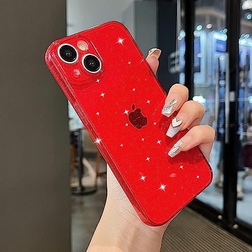 ZTOFERA Glitter Clear Case Compatible with iPhone 13 Phone Case, Bling Sparkle Transparent Soft Flexible TPU Protective Shockproof Phone Cover Slim Case for iPhone 13 - Red