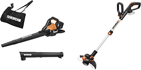 WORX WG583E.9 36V (40V MAX) Dual Battery Brushless Leaf Blower/Vacuum & WG163E.9 18V (20V Max) Cordless Grass Trimmer, Strimmers, Line Strimmer Edge Cutter