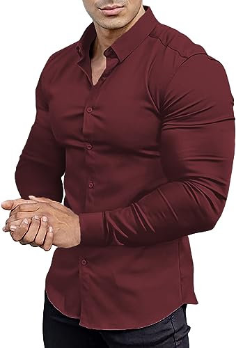 EOUOSS Men’s Muscle Fit Dress Shirts Athletic Slim Fit Long Sleeve Stretch Casual Button Down Shirt, Jam Red, S