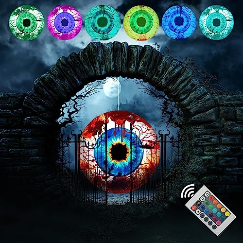 Halloween Deko Aufblasbarer Halloween Auge, Horror Augen Halloween, Halloween Aufblasbarer Augäpfel mit RGB LED Augapfellicht & Fernbedienung für Party Halloween Deko Außen Garten Rasen (60cm)