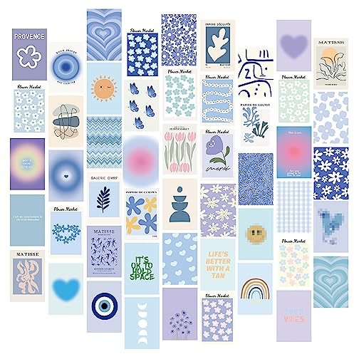 Piacolnic 50 Stück Ästhetisches Bild, Blau Wandcollagen Set Ästhetisches Bild für Wandcollage, Collage Print Kit Postkarte für Teenager Room Decor Ästhetische Postkarte Zimmer Schlafsaal Foto Display