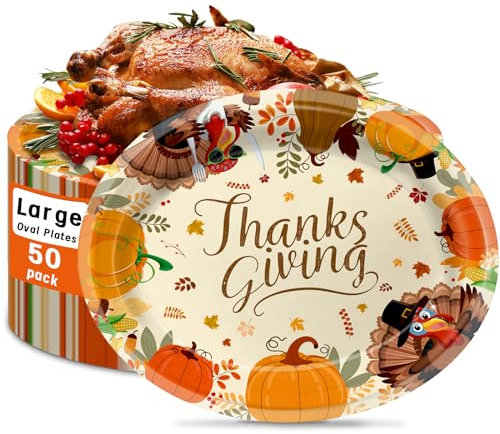 VEIZEDD 50 Pack Oval Thanksgiving Plates 12 x 10 Inch Thanksgiving Paper Plates Heavy Duty - Large Disposable Dinner Platters,Turkey Pumpkin Autumn Fall Harvest Thanksgiving Party Decor