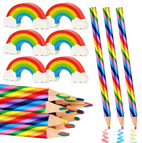 Tenare 24 Stück Regenbogen Buntstifte Set 12 Regenbogenstift mit 12 Regenbogen Radiergummis 4 in 1 Farbstifte Bunte Bleistifte Malen Zeichnen Geburtstag für Kinder Erwachsene Schule Basteln