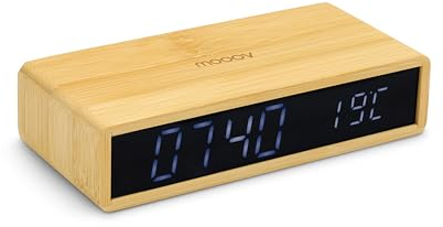 mooov Wecker Bamboo mit LED-Display, schwarz, Innentemperatur, Helligkeit verstellbar, 3 Alarme