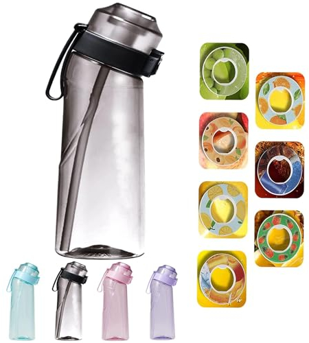 Trinkflasche, Sportflasche, 650ml Starter Up Set Trinkflaschen mit 7 Fruchtgeschmack Pods Duft zum Aromatisieren 0 Zucker, 0 Kalorien, BPA frei, (mit 7 Geschmackskapseln) Schwarz