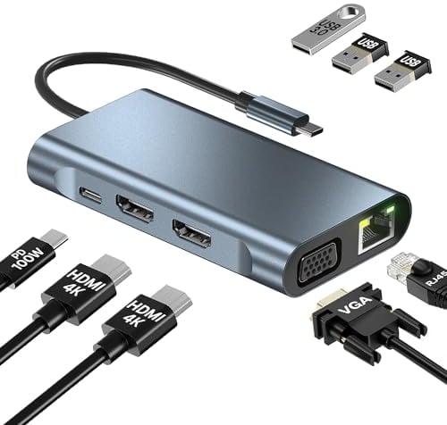 MMOBIEL USB-C a Hub HDMI Doble – 8-en-1 USB-Hub - Estación de Acoplamiento a USB 3.0, 2X USB 2.0, 2X HDMI, VGA, PD & Eth - Triple Pantalla para Portátiles, Teléfonos Inteligentes etc. - Aluminio