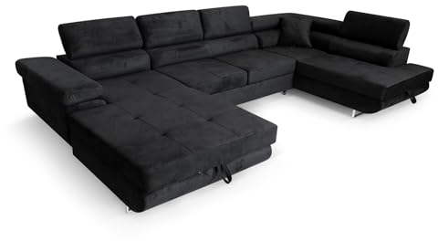 Ecksofa Aller U XXL-Ecksofa mit Schlaffunktion und Zwei Bettkästen in Schwarz, rechte Seite (Schwarz)