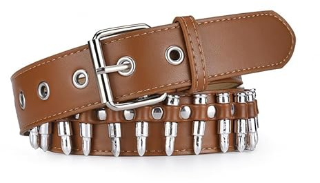 SNCEAW Nietengürtel, Punk-Rock-Nietengürtel mit hellen Pyramiden-Nieten für Damen und Herren, Braun, 31-36W