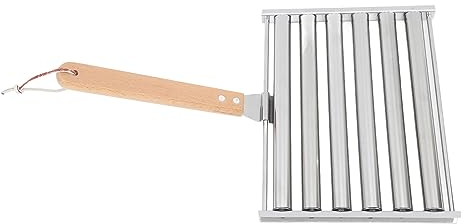 Mumusuki Hot-Dog-Roller aus Edelstahl, 5 Hot-Dog-Kapazität, Grill-Wurstroller mit Hochglanzpolierter Oberfläche, Länglicher Holzgriff für Partys und Grillen Im Freien (100 x 30 x 30 cm)