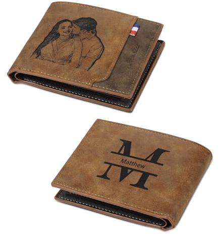 kaululu Portefeuille Personnalisé pour Homme Portefeuille Photo avec Gravure Alphabet et Noms Portefeuille Homme avec Fermeture éclair pour Carte Identité Portefeuille pour Papa Mari