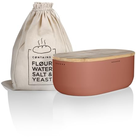 LARS NYSØM Bread Box I Metal bread box with linen bag for long lasting freshness I Baked goods Bin with bamboo lid usable as cutting board I 14.2x7.5x5.1 In (Brick Red)