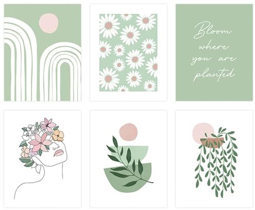 ZBHDEYG 6 Stück Grüner Kunstgemäldekern, Wanddruck, ästhetisches Poster, Botanisches Poster, Salbeigrünes Schlafzimmerzubehör, Geeignet Für Wohnzimmer, Schlafzimmer, Esszimmer, Eingangsbereich