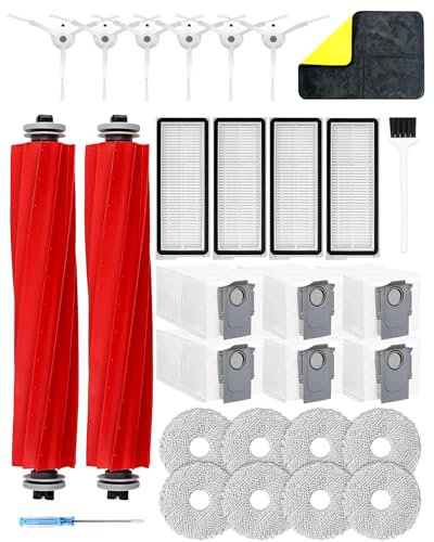 Yivy 29pcs Accessoires pour Roborock Qrevo Pro/Qrevo maxv/Qrevo Plus/Qrevo S Kit d'accessoires pour Robot aspirateur avec 2 brosses principales, 6 Sacs à poussière, 8 Chiffons de Nettoyage, 4 filtres