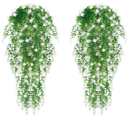 4Pcs Artificial Hanging Flowers, Artificial Hanging Plant, UV-Resistant Fake Hanging Plants Flower Bouquet, for Wall Home Garden Yard Patio Wedding Indoor Outdoor Decoration, White