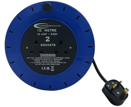 Connexion - 2 Sockets Extension Lead - 10m Portable Cable Reel 10A 3 Pin UK Standard Plug and Socket - Heavy Duty 240V Power Extension Cord Retractable Cassette Reel For Indoor and Outdoor Use
