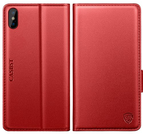 CASBST for iPhone X, iPhone XS Case, Kickstand Flip Leather Wallet Book Case with Card Slots Shockproof Magnetic Closure Protective Phone Case Cover Compatible with iPhone X/XS - Red